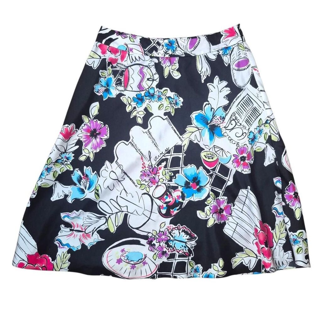 Valerie Stevens Black Floral Print Silk Knee Length Midi Skirt Y2K Size 8 Petite